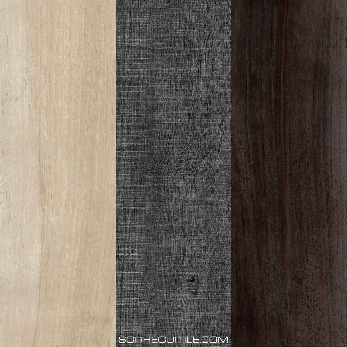 Example swatches of wood porcelain tile available at Ruben Sorhegui Tile Distributors