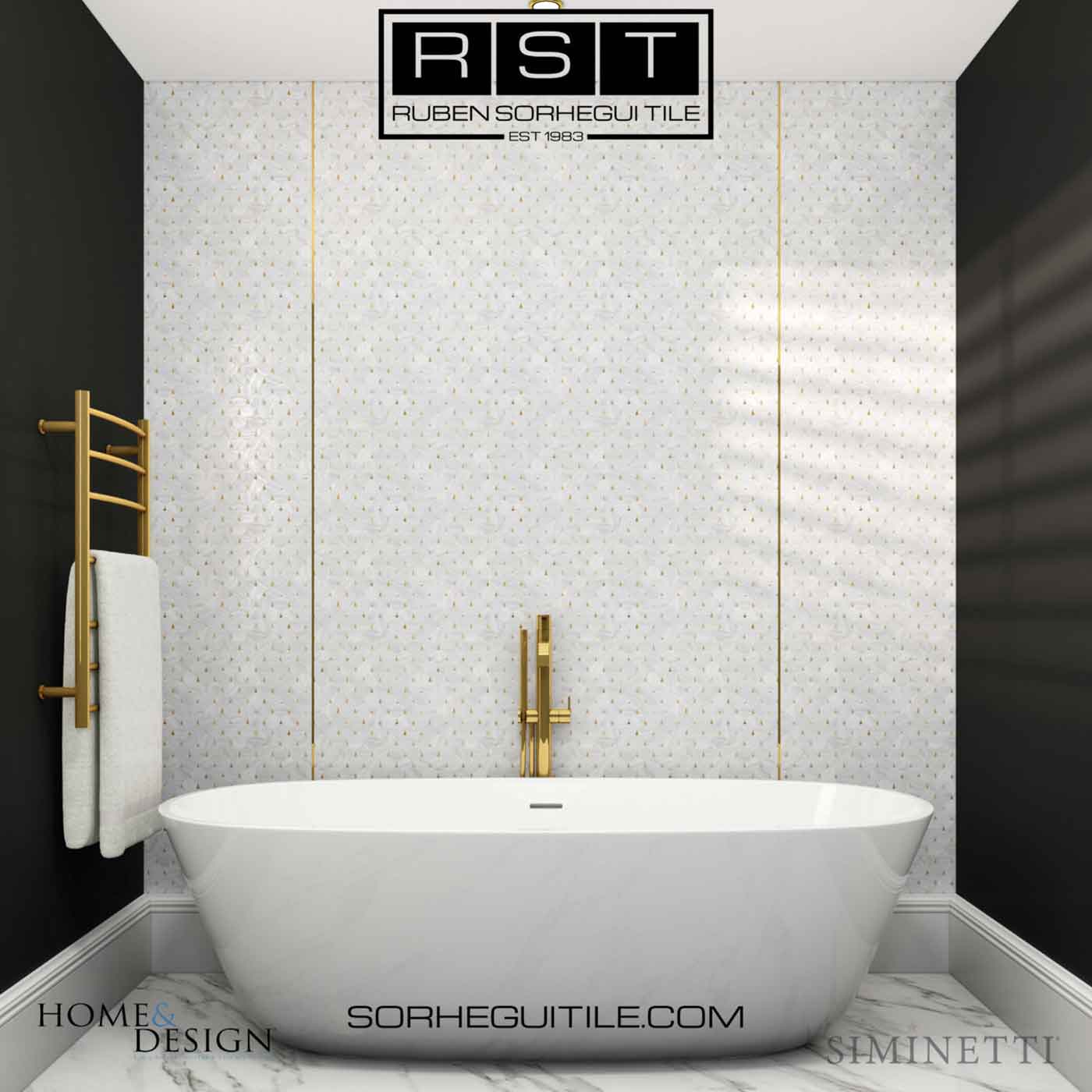 Large bath tub with Siminetti Mother of Pearl Luxury Pearl Mosaics accent wall from Ruben Sorhegui Tile Distributors