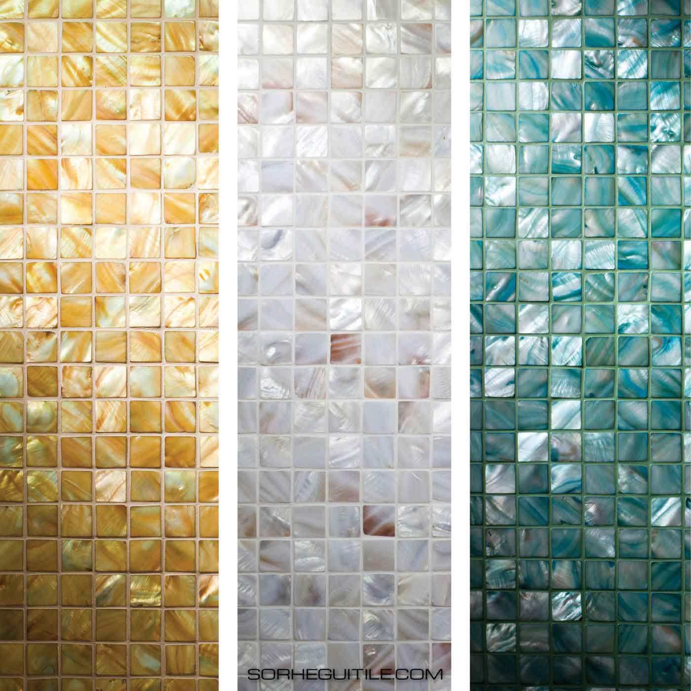 Samples of available Siminetti Mother of Pearl Luxury Pearl Mosaics available at Ruben Sorhegui Tile Distributors in Southwest Florida