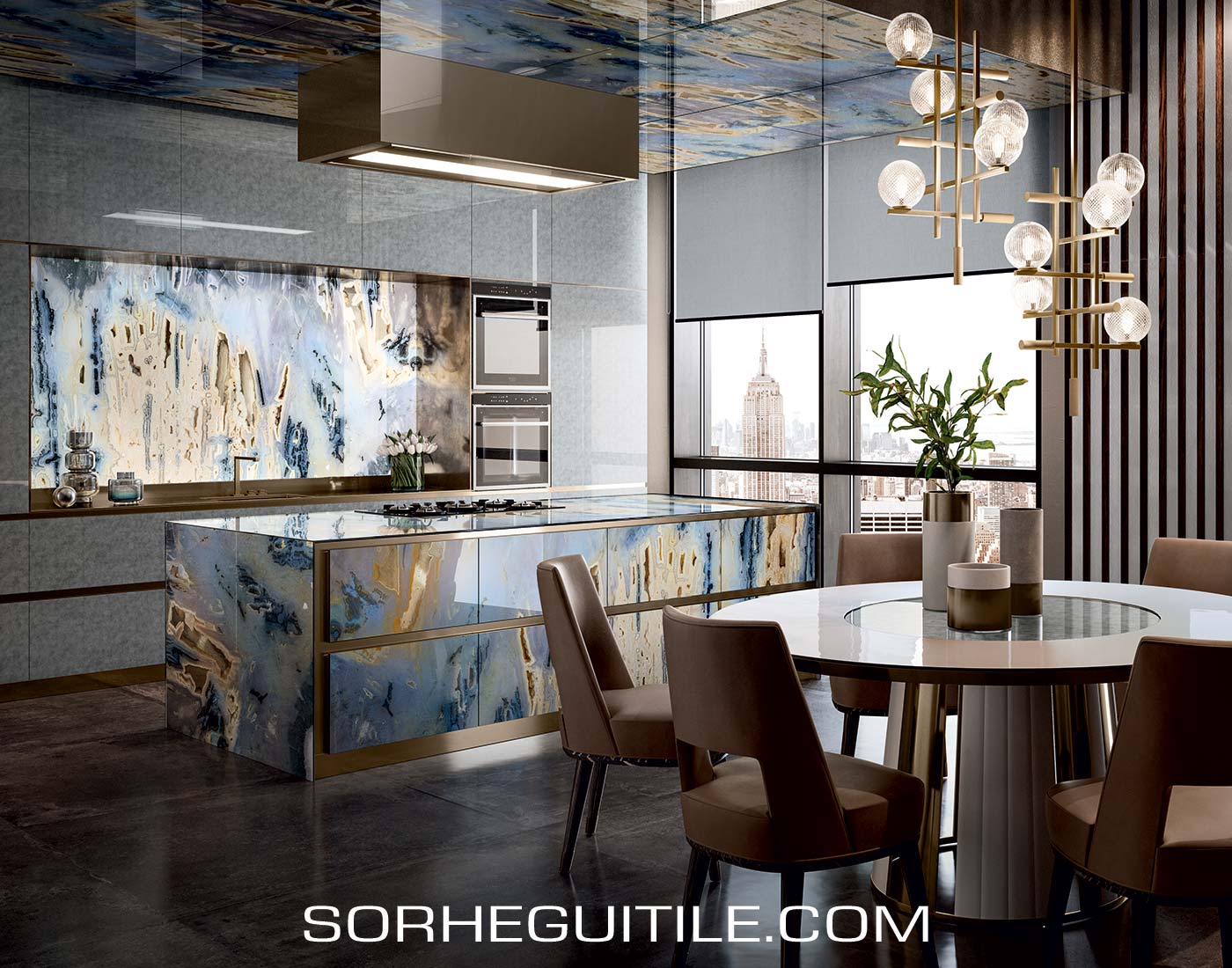 A kitchen clad with vibrant blue and cream-colored glass tile.