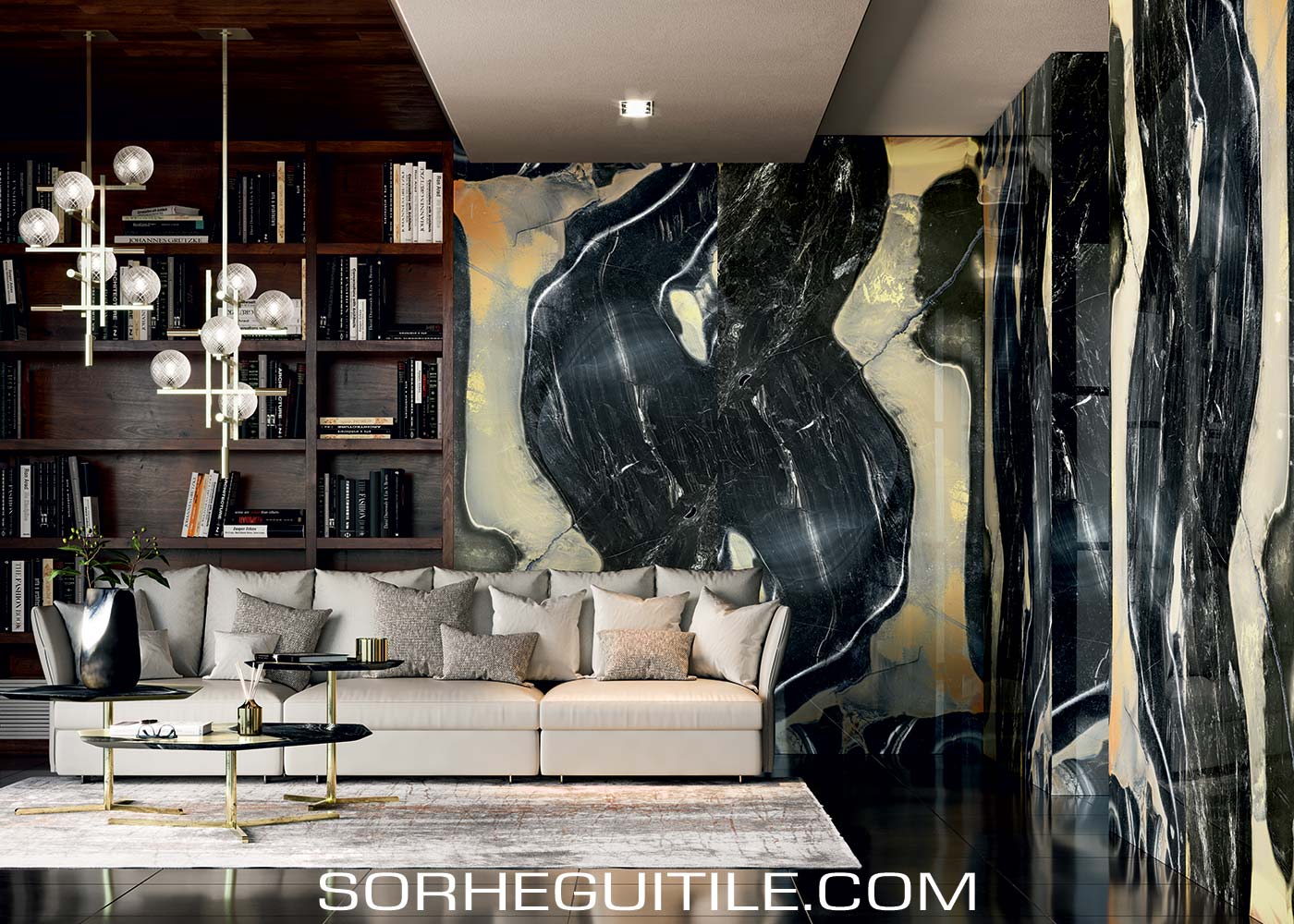 A living room with wall-sized glass panels with natural stone designs.