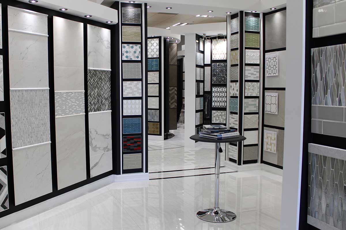 Assorted tile, stone and mosaics displays in Ruben Sorhegui Tile Distributors' Naples, Florida Showroom